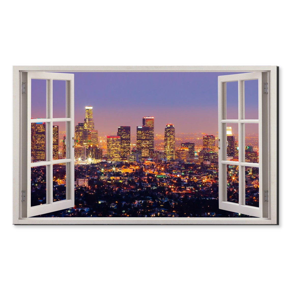 Open Window View Los Angeles Downtown Skyline At Night City Poster