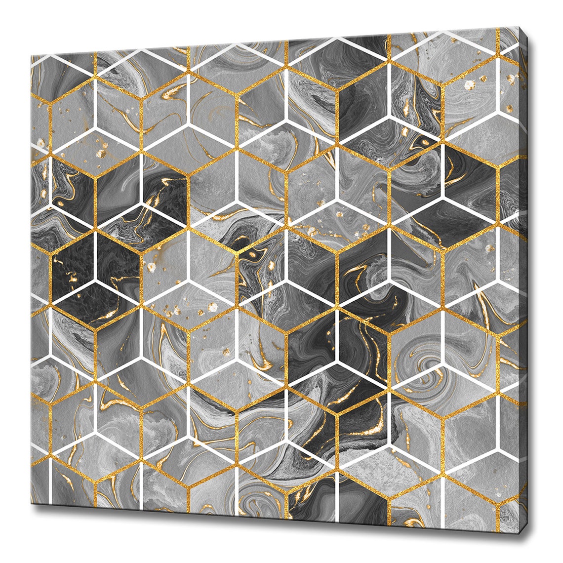 Grey Marble Hexagon Geometric Gold Lines Minimalist Abstract Wall Art