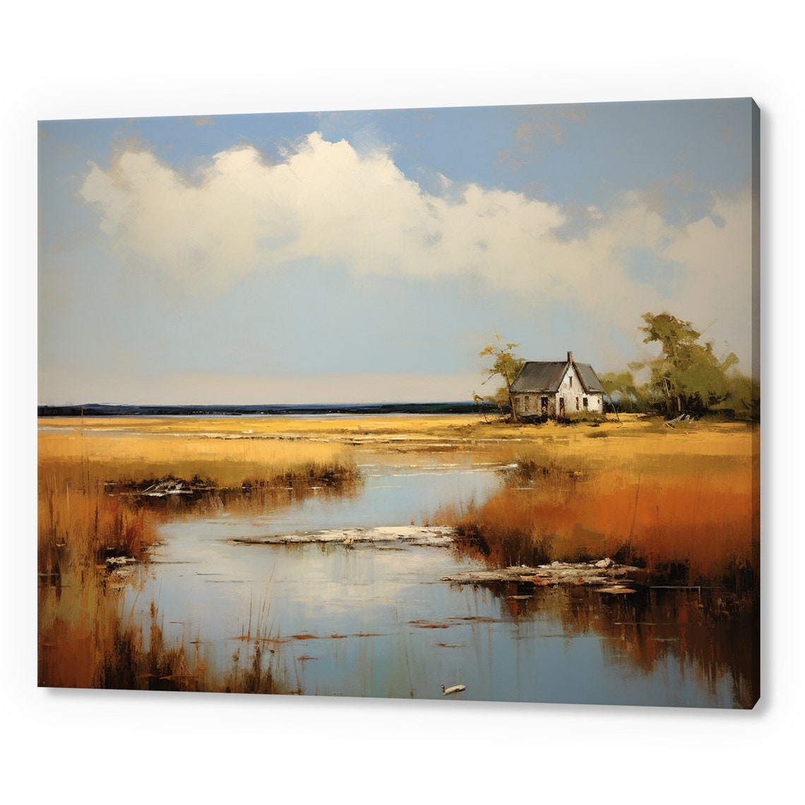 White Cabin By The Lake Golden Marsh Reflections Country Poster
