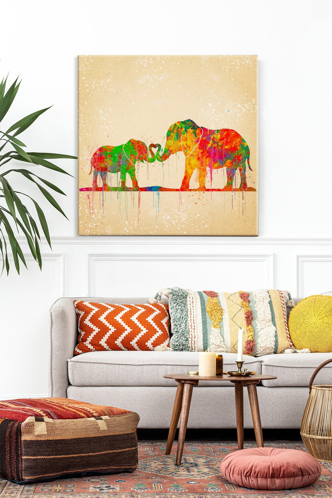 Mother Baby Elephants Trunk Heart Rainbow Watercolour Love Animal Art Poster - Image 2