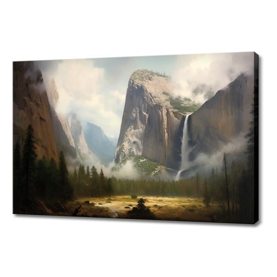 Mountains Waterfall Vintage Landscape Painting Style Print Farmhouse Decor Art Picture Wall Hanging Fine Art Print