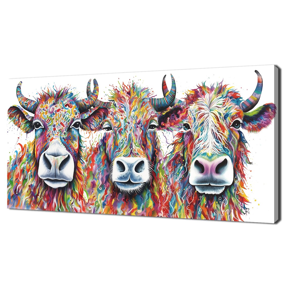 Rainbow Trio Of Highland Cows Colorful Abstract Farm Animal Wall Art