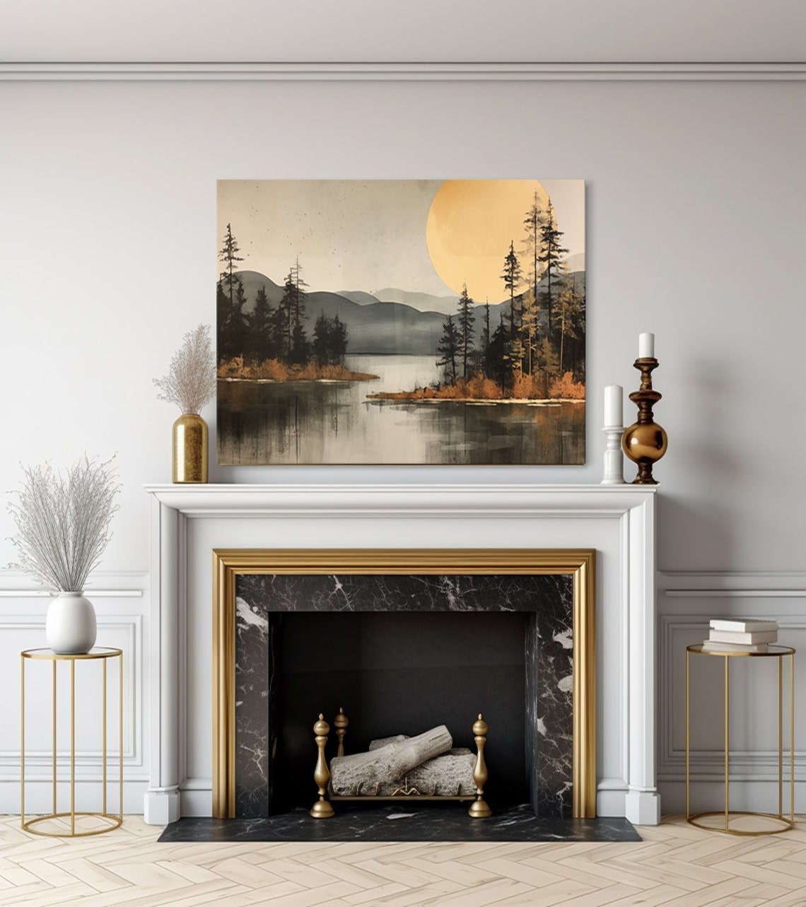 Golden Moon Over Misty Pine Lake Minimalist Japanese Style Poster - Image 3