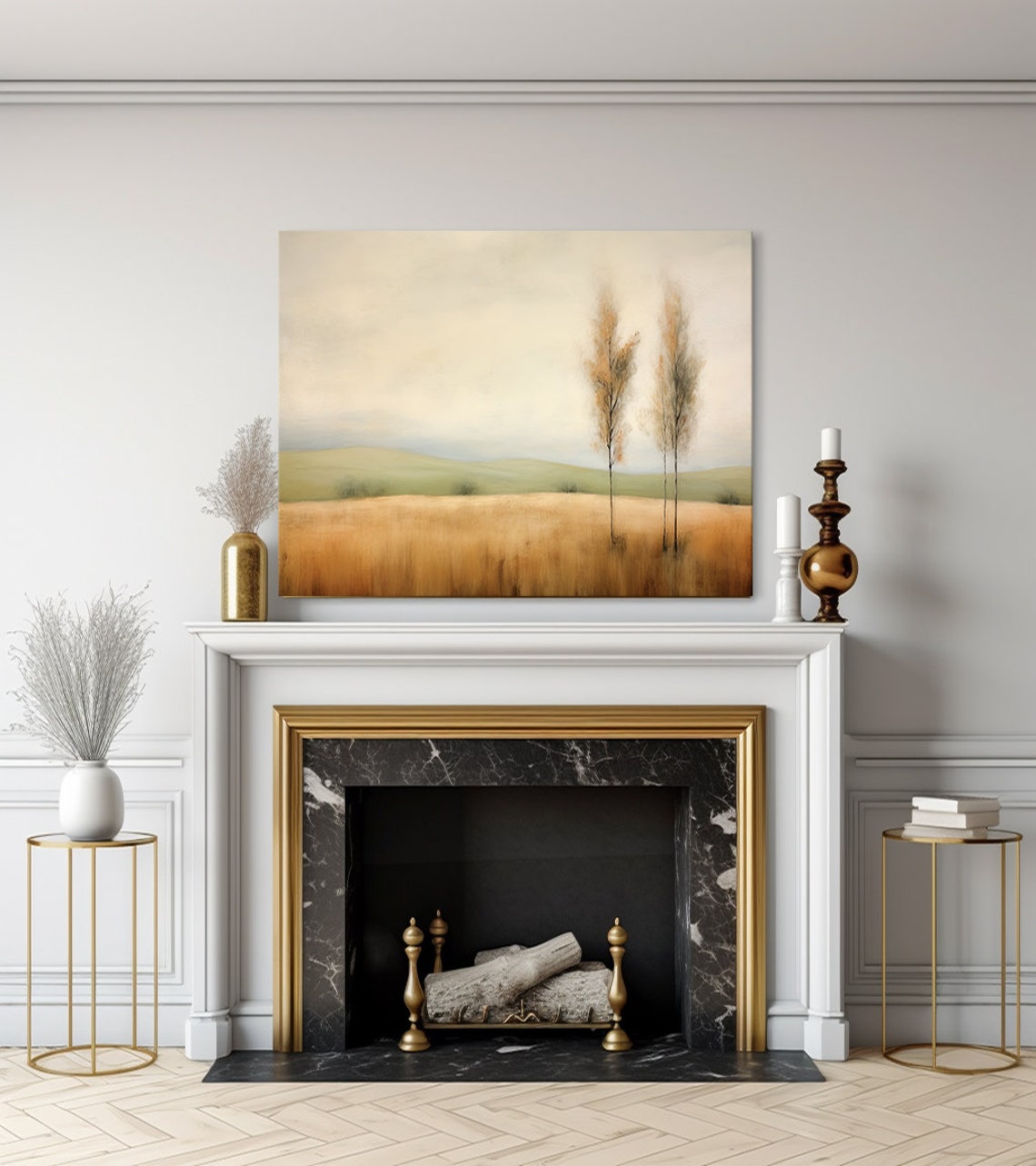 Two Wispy Trees In Amber Field Sage Hills Minimalist Nature Poster - Image 3