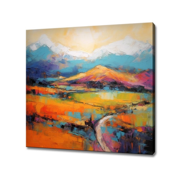 Abstract Colourful Mountains Moonlight Landscape Fields Painting Style Print Large Wall Art Print Nature Picture Wall Hanging