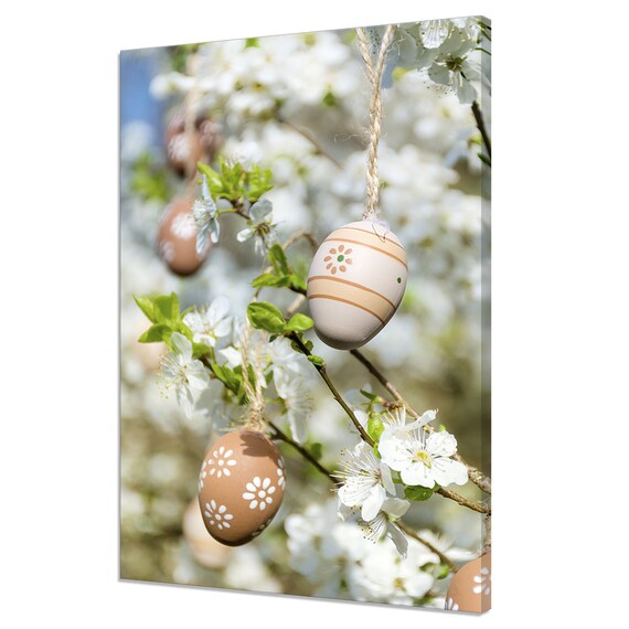 Beige Easter Eggs Hanging On The Branches Of Blooming Cherry Tree Easter Decoration Modern Design Home Decor Print Wall Art Picture