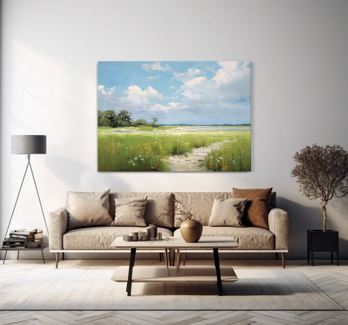 Spring Meadow Fields Blue Sky Clouds Vintage Landscape Print - Image 4