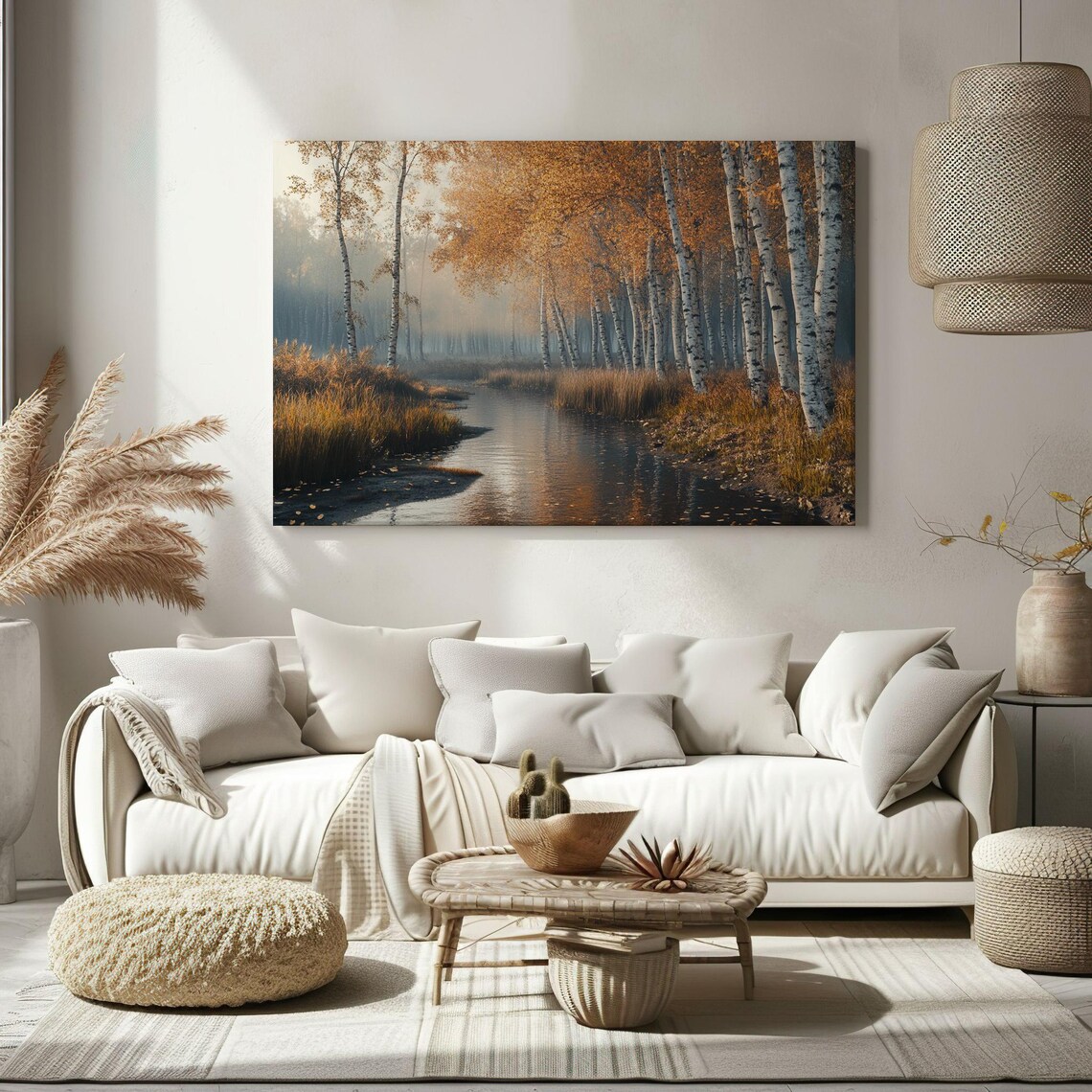 Golden Birch Forest Autumn River Sunlit Misty Woodland Scene Poster - Image 2