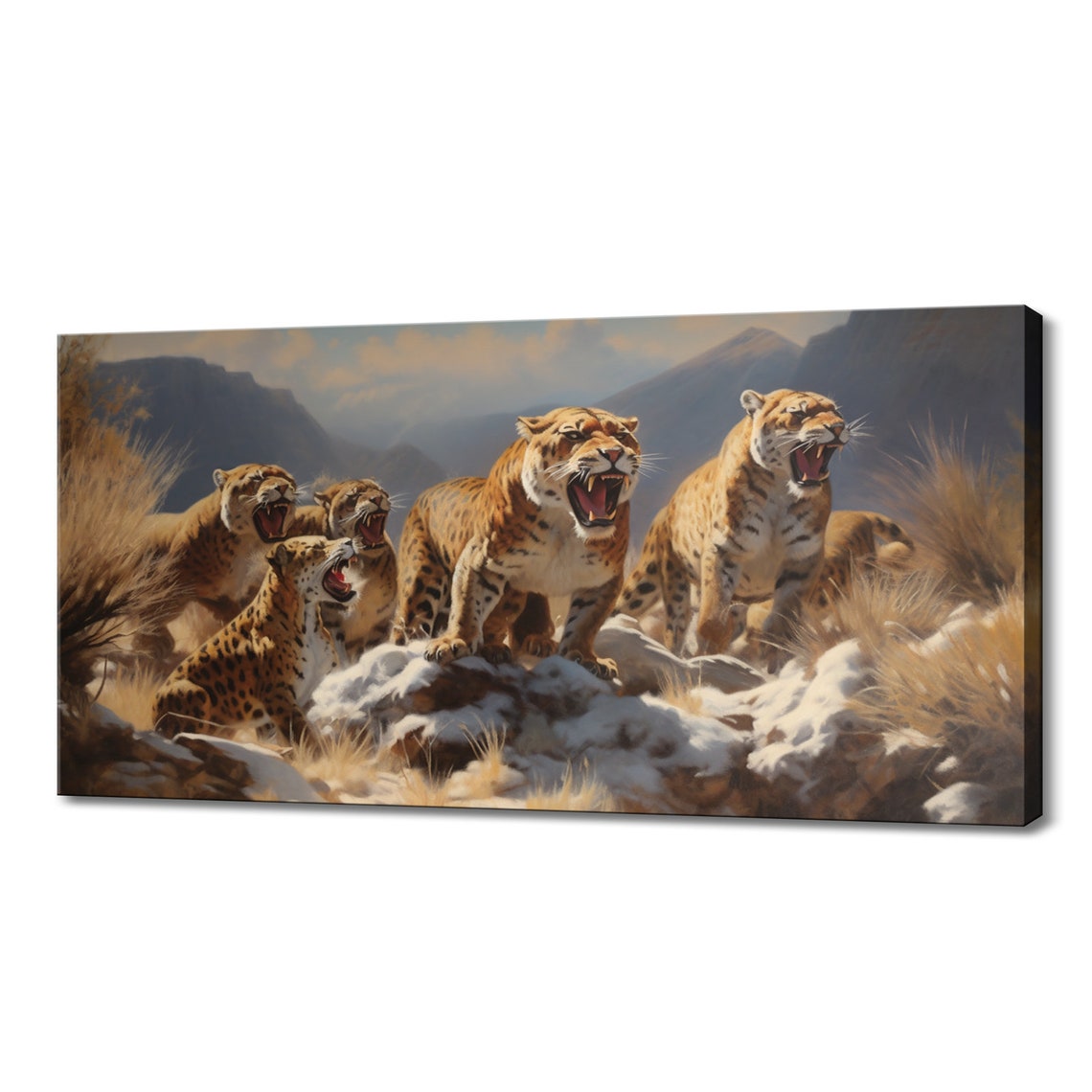 Roaring Leopards Rocky Snowy Outcrop Dramatic Painted Big Cats Poster