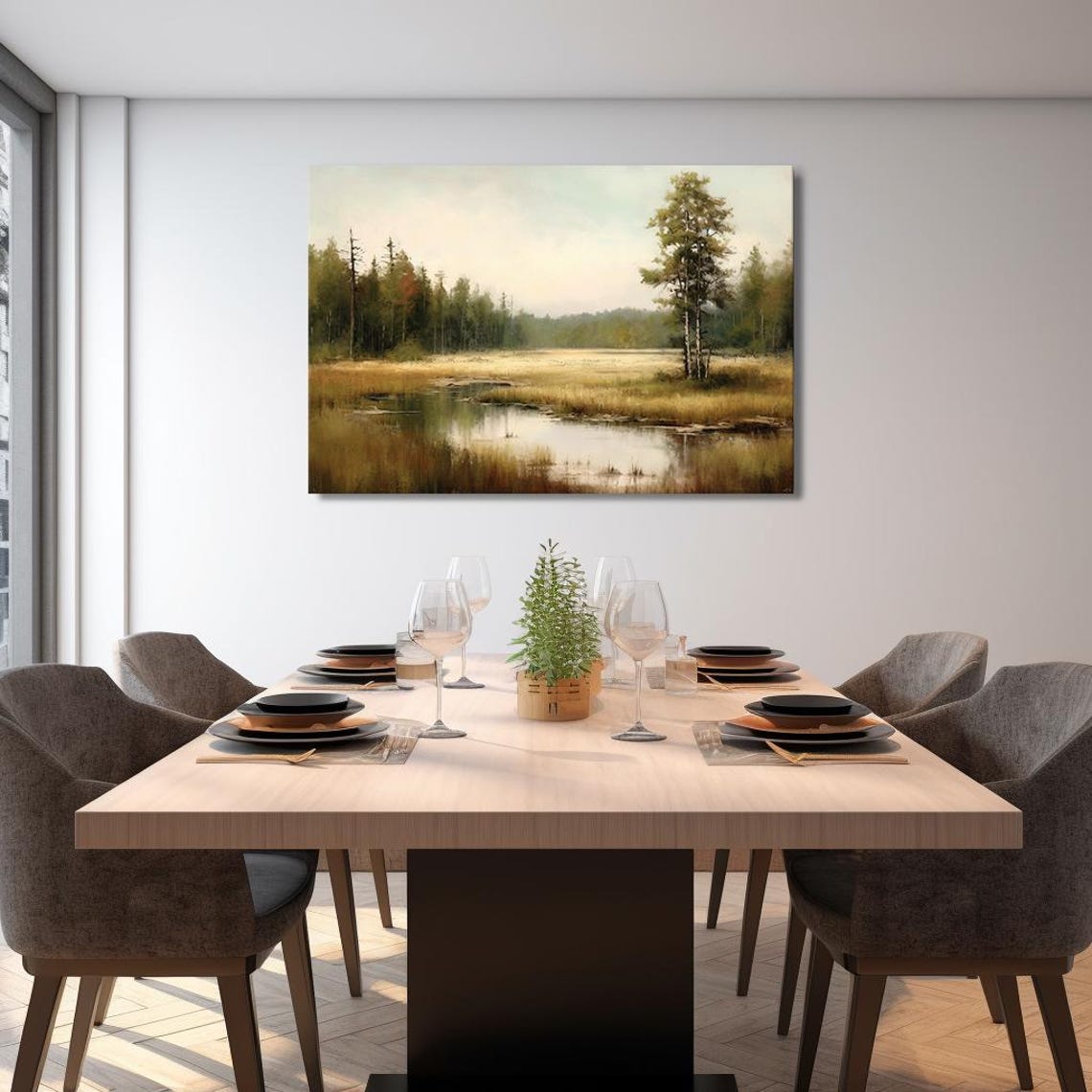 Birch Trees Misty Marsh Golden Reeds Pond Vintage Countryside Poster - Image 2