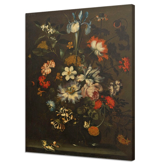 Iris Carnations Roses Flowers In Glass Vase With Butterflies Antique Victorian Floral Fine Art Vintage Moody Oil Painting Print