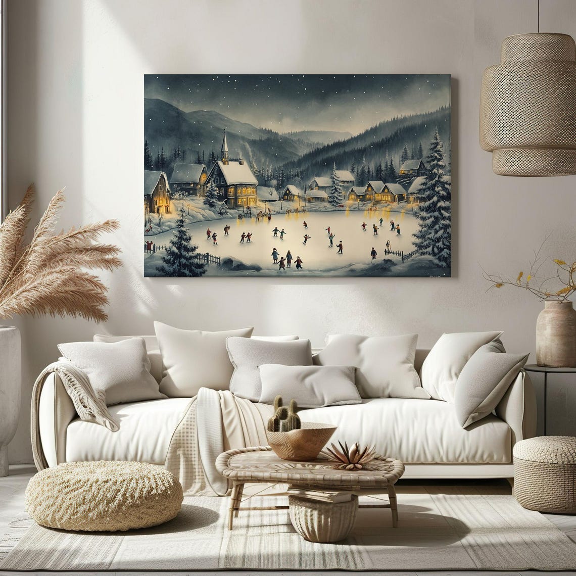 Ice Skating In Snowy Christmas Village Vintage Painting Style Print Farmhouse Decor Art Nature Picture Wall Hanging Fine Art Print - Image 2