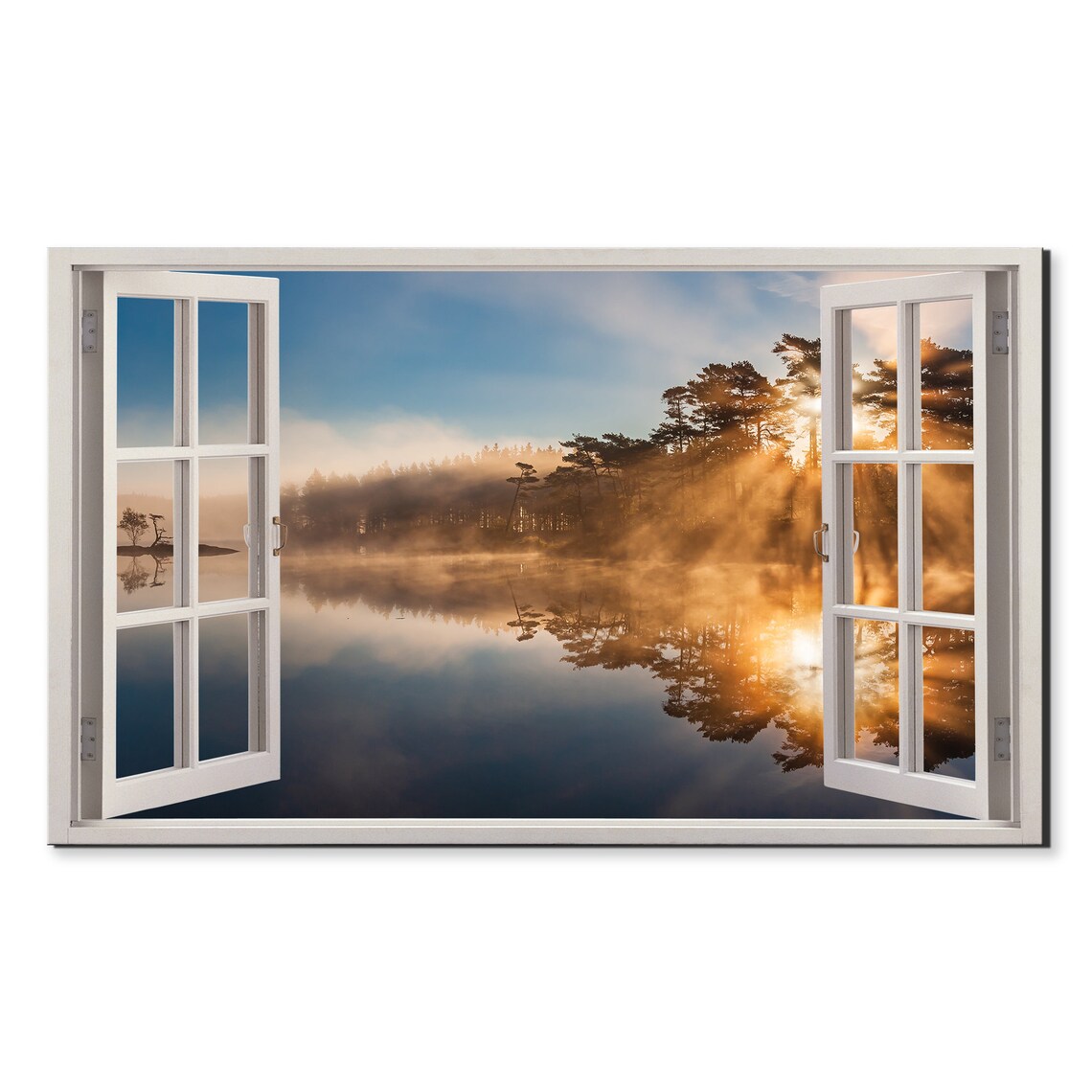 Foggy Lake Trees At Sunset Window View Window Frame Style Modern Design Home Decor Print Wall Art Picture Ready To Hang