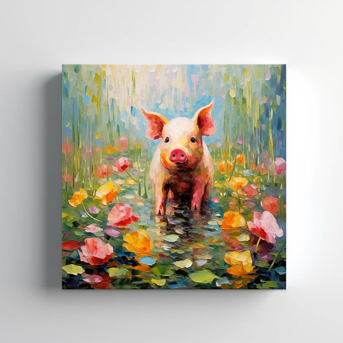 Cute Pink Piglet Among Water Lilies Colorful Impasto Painting Poster - Image 4