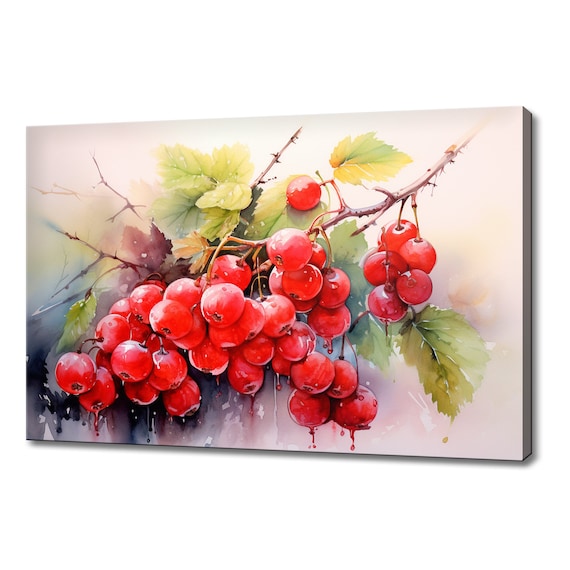 Redcurrant Fruits Branch Watercolour Print Colourful Kitchen Wall Art Fruit Print Modern Kitchen Restaurant Wall Decor