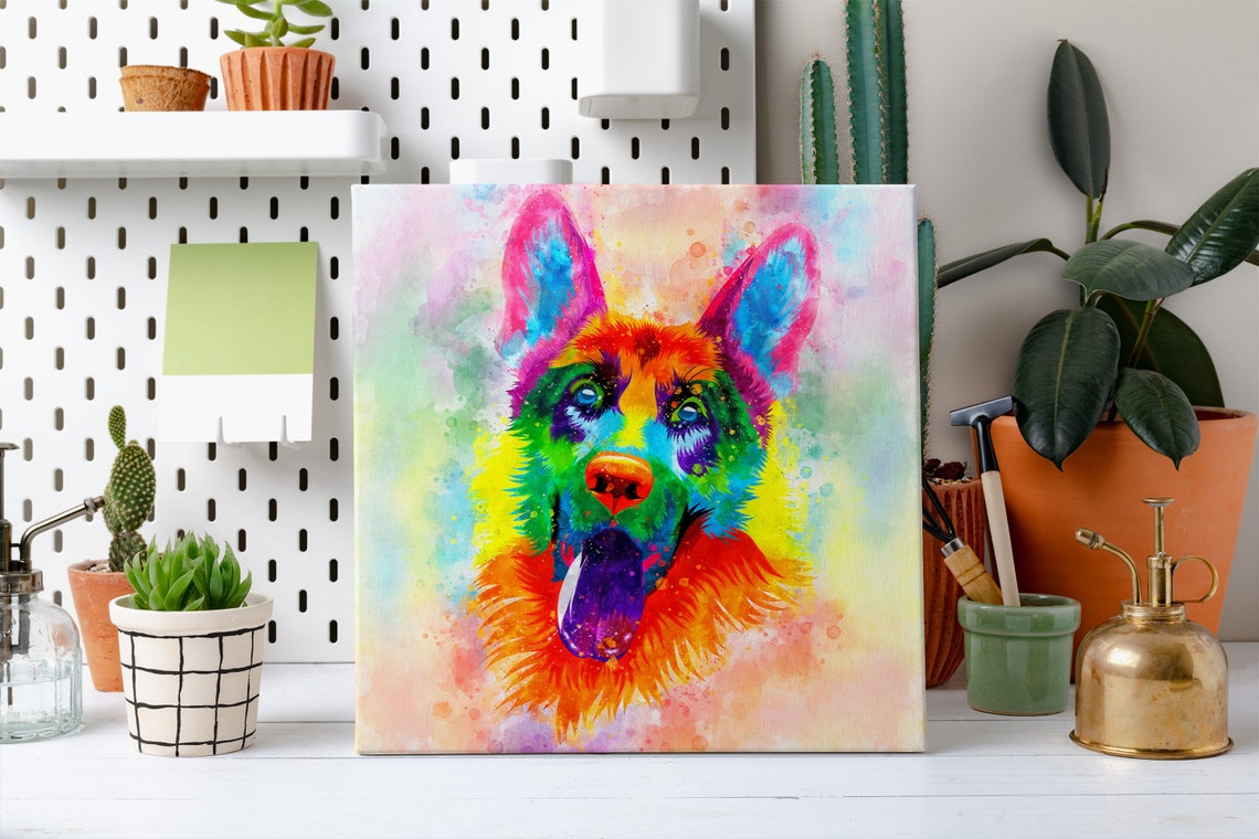 German Shepherd Rainbow Watercolor Playful Tongue Out Portrait Poster - Image 2