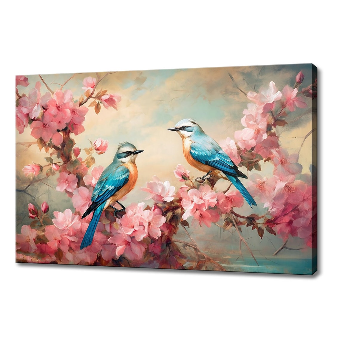 Two Blue And Orange Birds On Pink Cherry Blossom Branches Poster