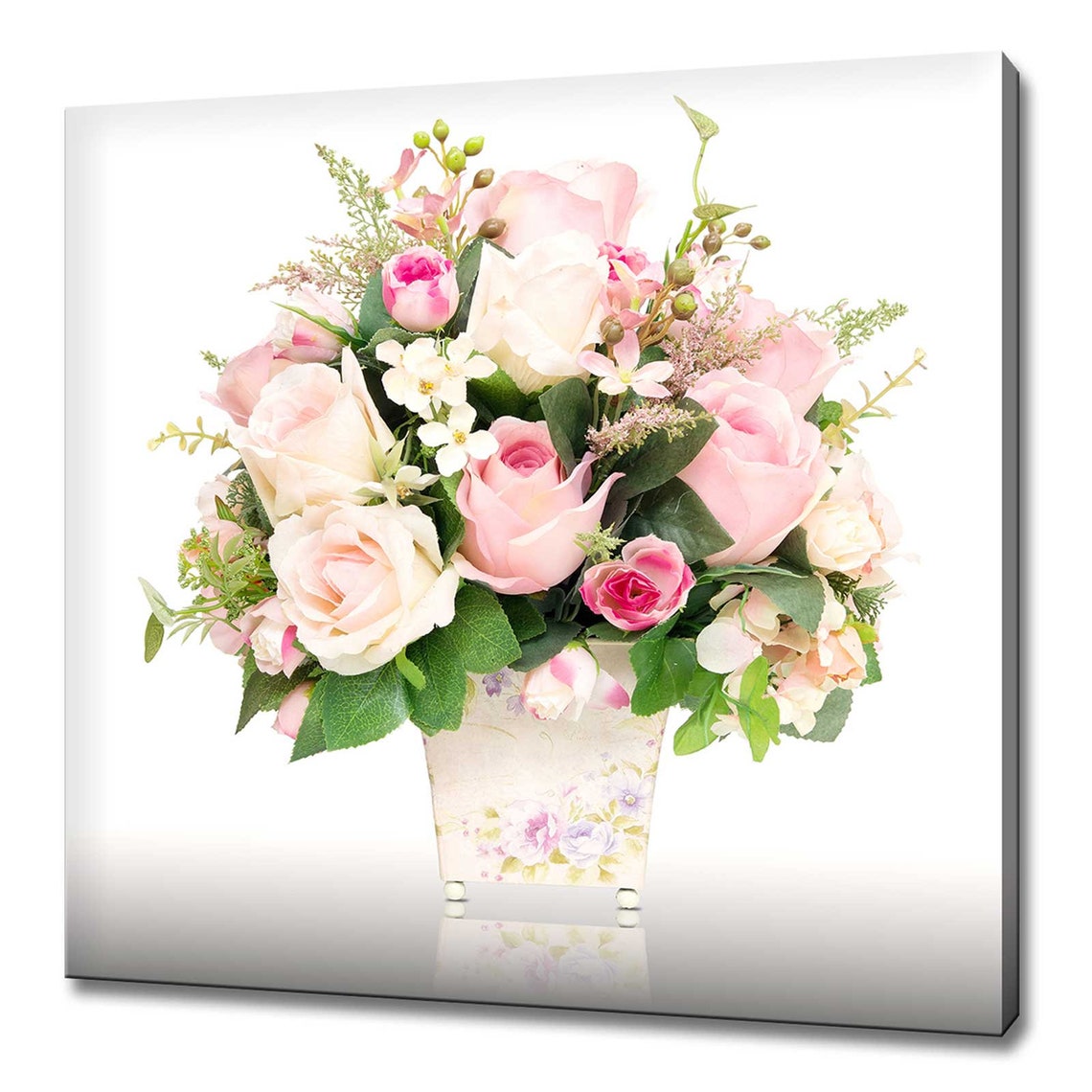 Pink White Roses Bouquet in Flower Pot Romantic Soft Floral Wall Art