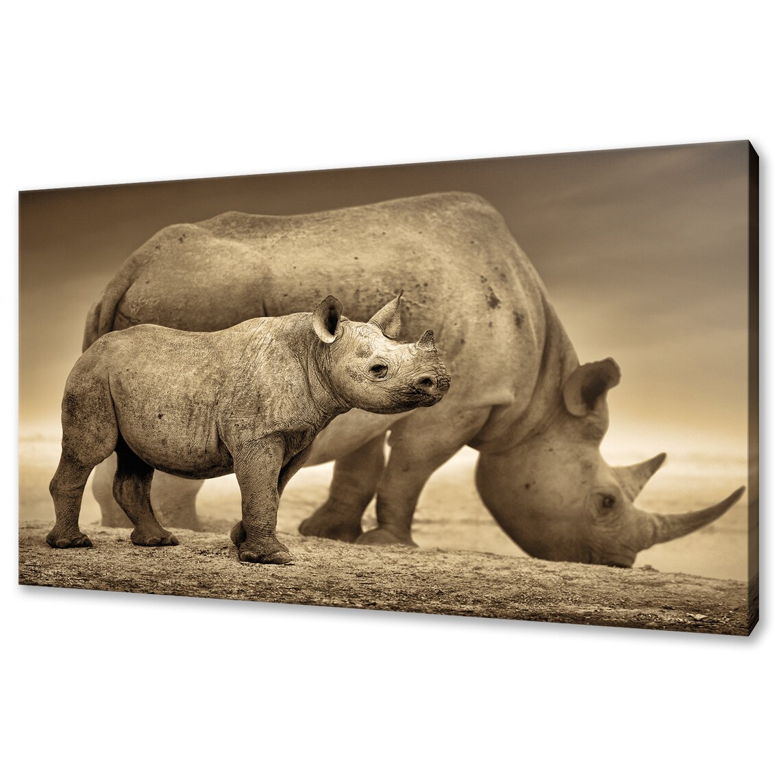 Rhino Mother Baby Calf Sepia Toned Wildlife Portrait Savanna Safari Poster