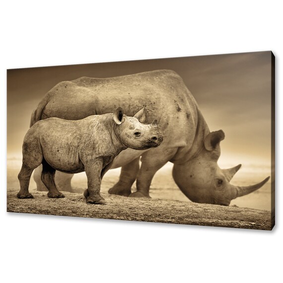 Rhino Mother Baby Calf Sepia Toned Wildlife Portrait Savanna Safari Poster
