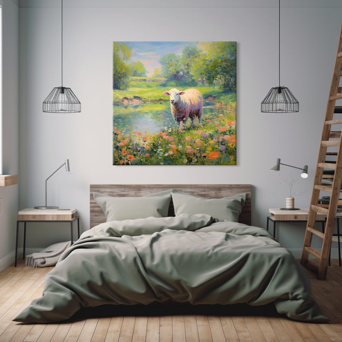 Sheep In Wildflower Meadow By The River Pastoral Animal Poster - Image 2