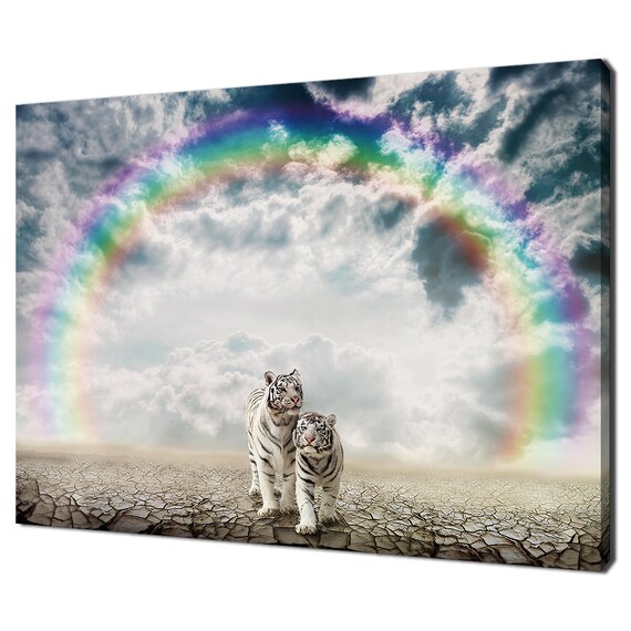 Two White Tigers Under Rainbow Ring Dramatic Cloudy Desert Sky Fantasy Poster