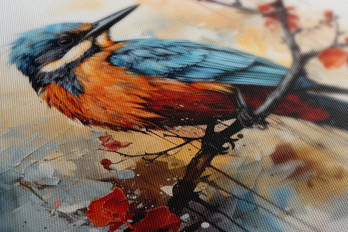 Kingfisher Branch Red Blossom Abstract Background Bird Art Print - Image 4