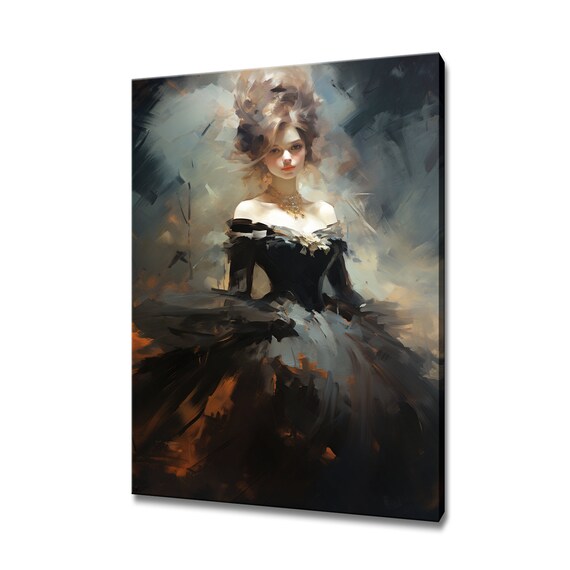 Elegant Lady In Black Orange Victorian Baroque Puffy Dress Painting Style Print Modern Home Decor Fashion Wall Art Gift For Her