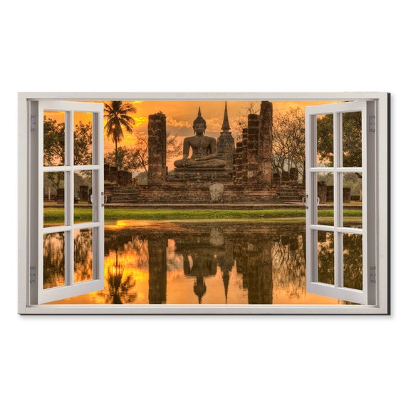 Sunset Over Ancient Buddha Temple Window View Window Frame Style Modern Design Home Decor Print Wall Art Picture Ready To Hang