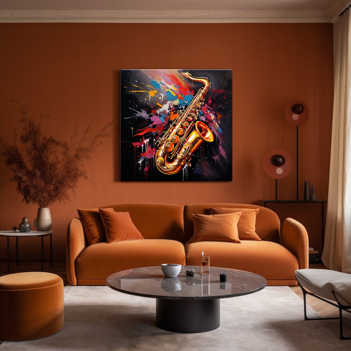 Golden Saxophone Painting With Colorful Paint Splashes Music Wall Art - Image 4