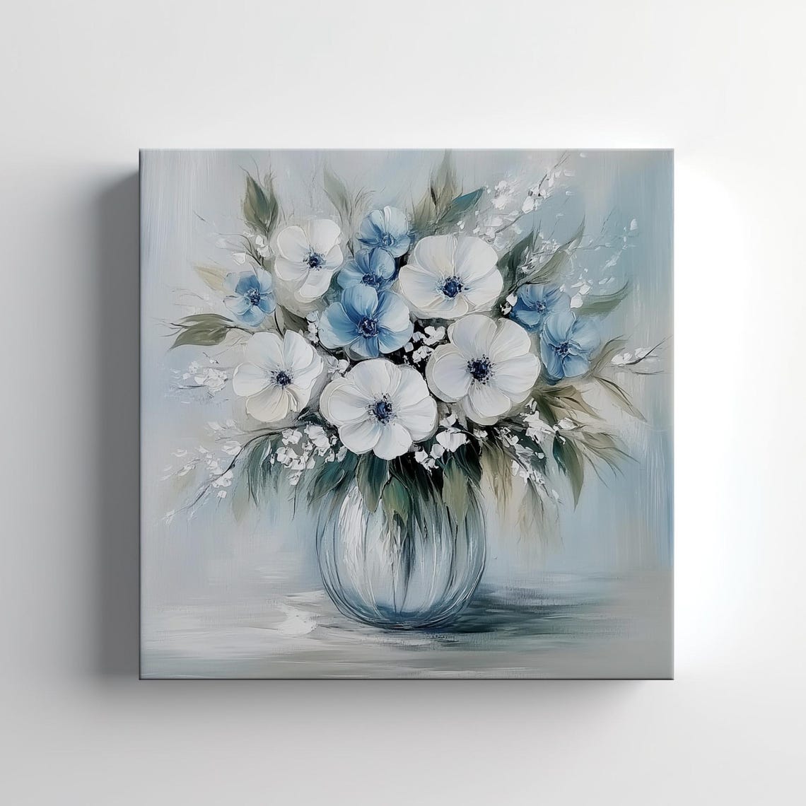 White Blue Anemone Flowers In Glass Vase Botanical Painting Print