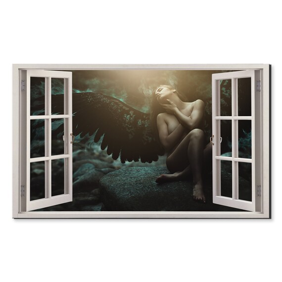 Sexy Fallen Angel Girl In The Forest Window View Window Frame Style Modern Design Home Decor Print Wall Art Picture Ready To Hang