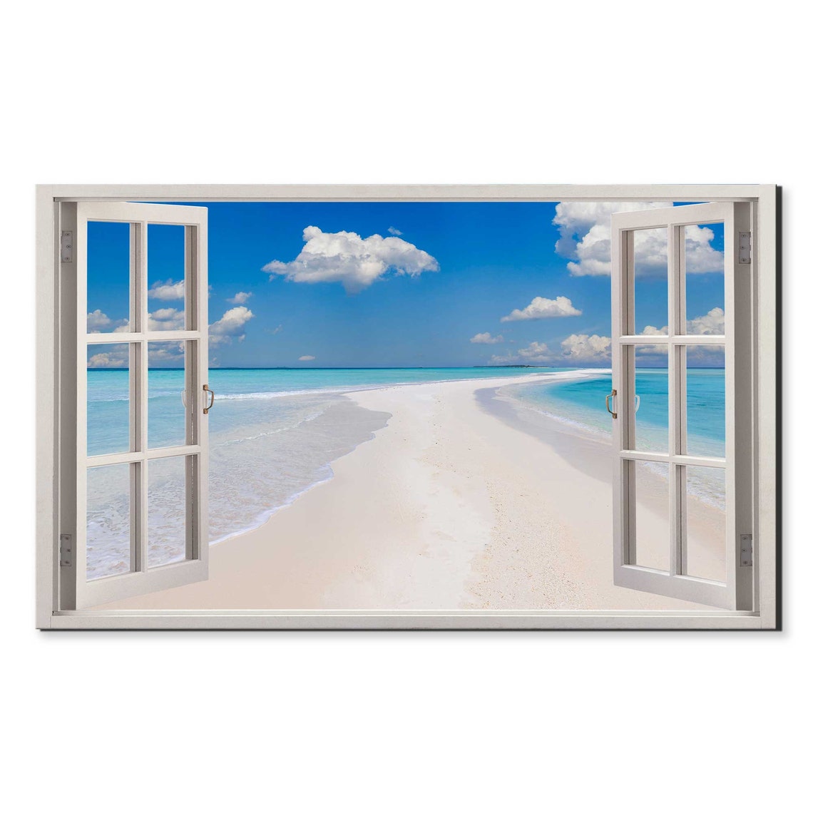 Blue Sky White Sand Tropical Beach Curving Shore Open Window Poster