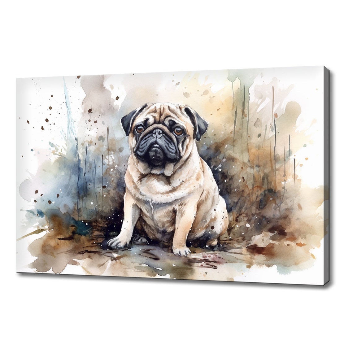 Pug Dog Watercolor Portrait Sitting Splash Art Puppy Wall Print