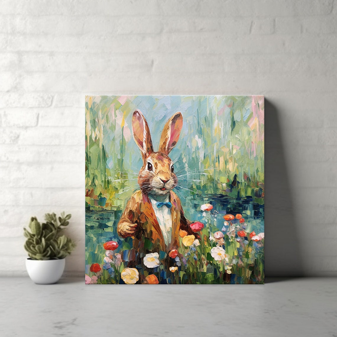 Rabbit Gentleman In Jacket Bow Tie Garden Flowers Painting Poster - Image 2