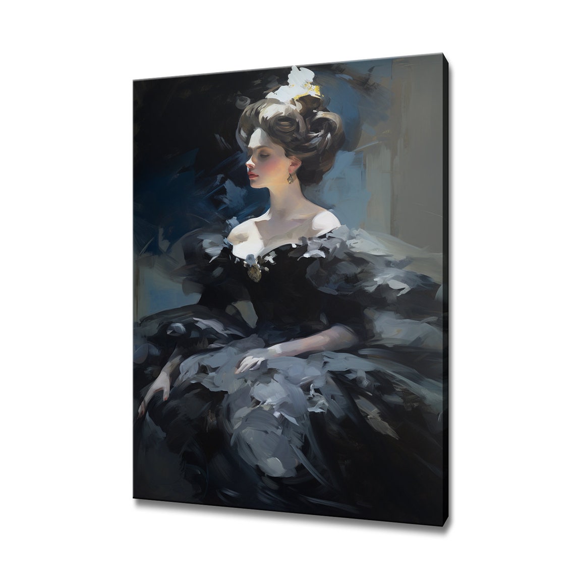 Elegant Lady In Smoky Grey Black Victorian Gown Painterly Wall Art