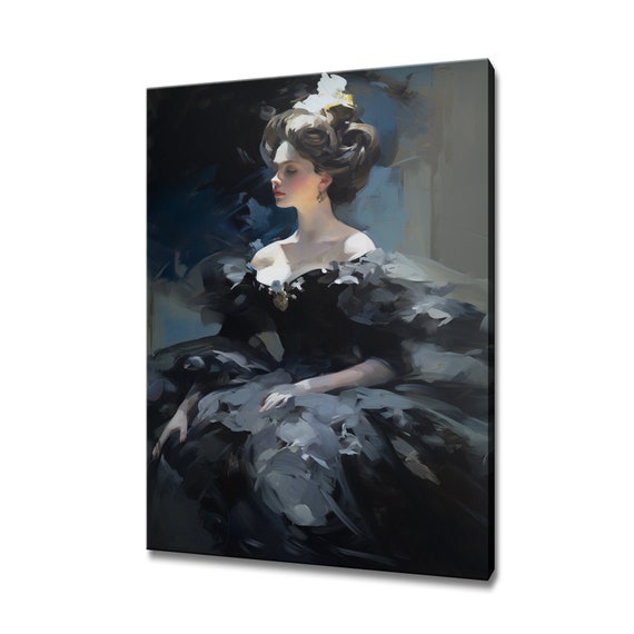 Elegant Lady In Grey Black Victorian Baroque Puffy Dress Painting Style Print Gift For Her Modern Home Decor Fashion Wall Art