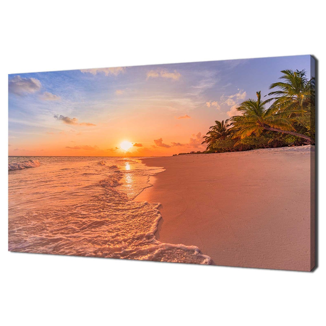 Tropical Sunset Beach Ocean Waves Palm Trees Golden Sky Travel Poster
