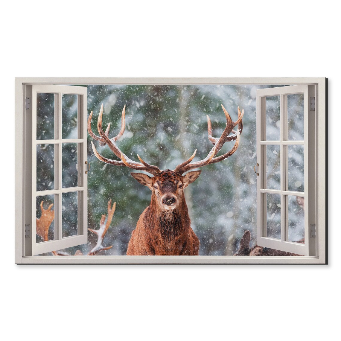 Majestic Stag Deer Snowy Forest Open Window View Winter Wildlife Poster