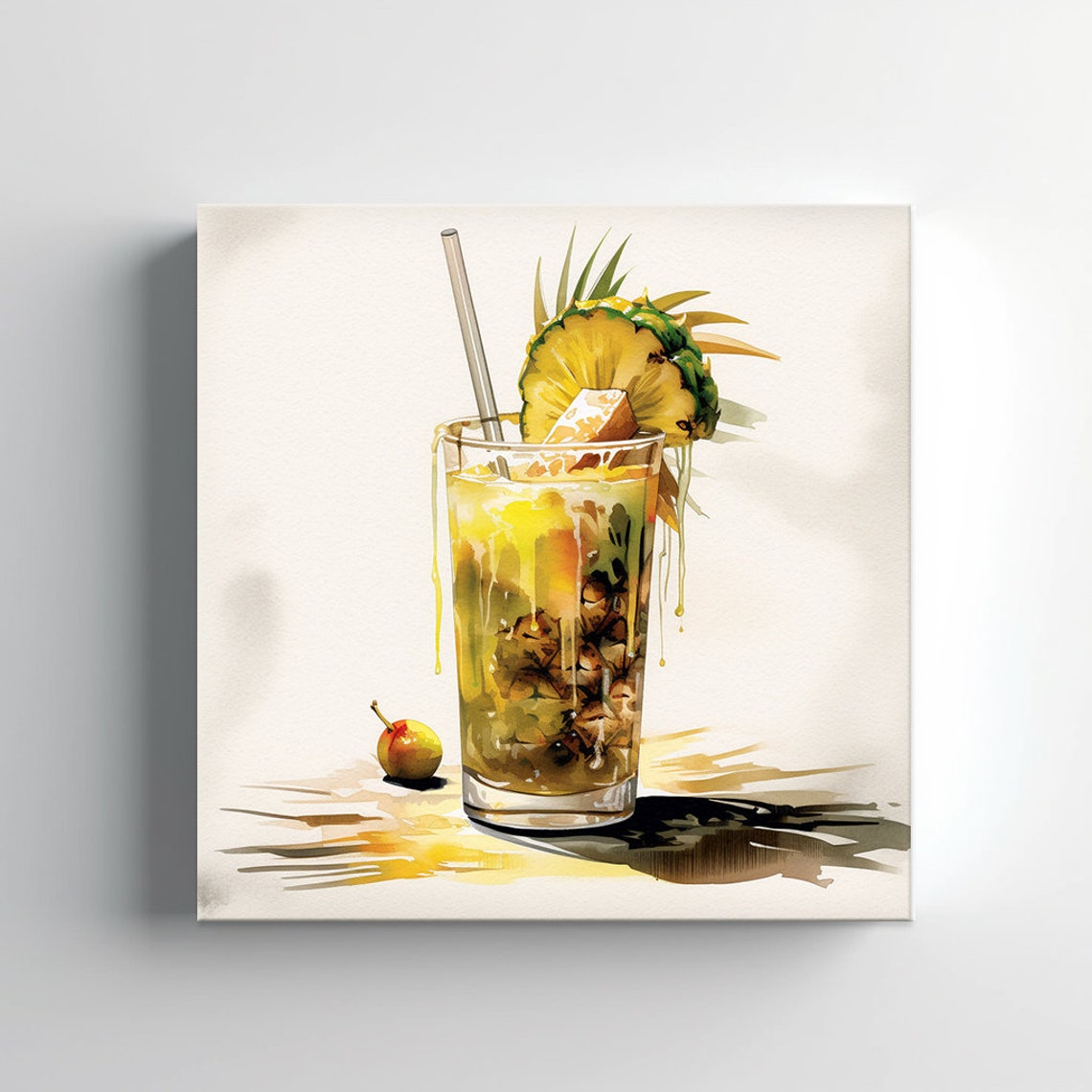 Tropical Pineapple Cocktail Tall Glass Watercolor Bar Wall Art Poster - Image 3