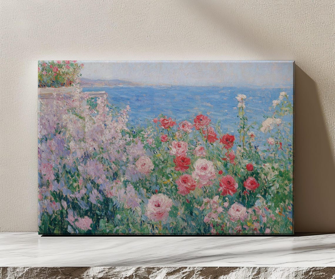 Poppies And Roses Flowers Garden By The Sea Painting Style Print Farmhouse Decor Art Nature Picture Wall Hanging Fine Art Print - Image 3