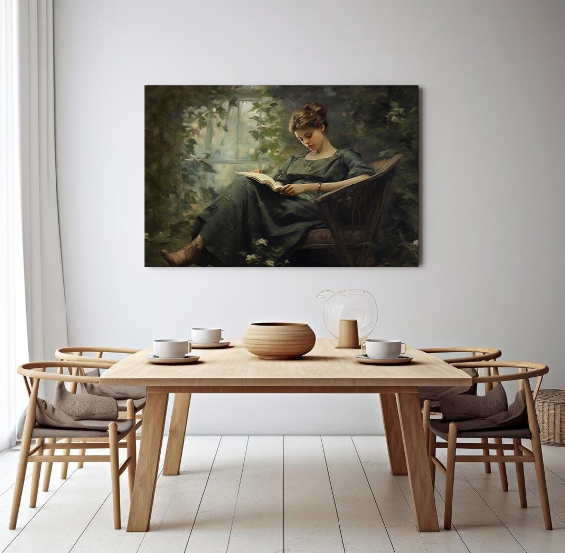 Woman Reading Book In Green Dress Leafy Conservatory Vintage Art Poster - Image 4