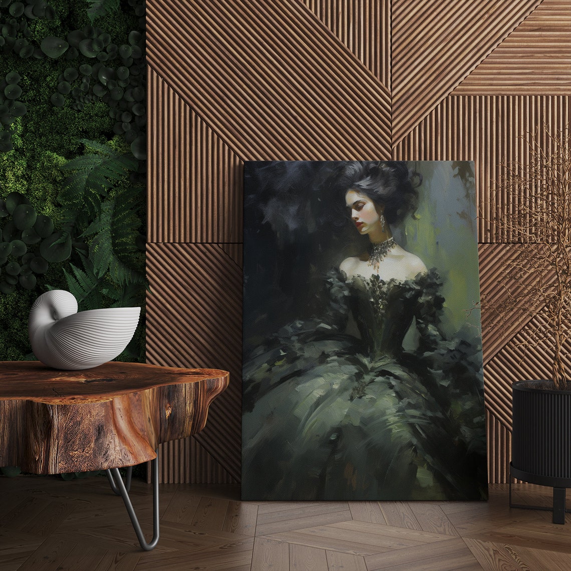 Elegant Lady in Sage Green Victorian Ball Gown Oil Painting Art Poster - Image 4