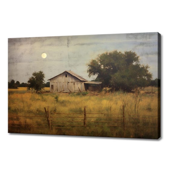 Vintage Cottage Moonlight Countryside Painting Style Print Farmhouse Decor Art Nature Picture Wall Hanging Fine Art Print