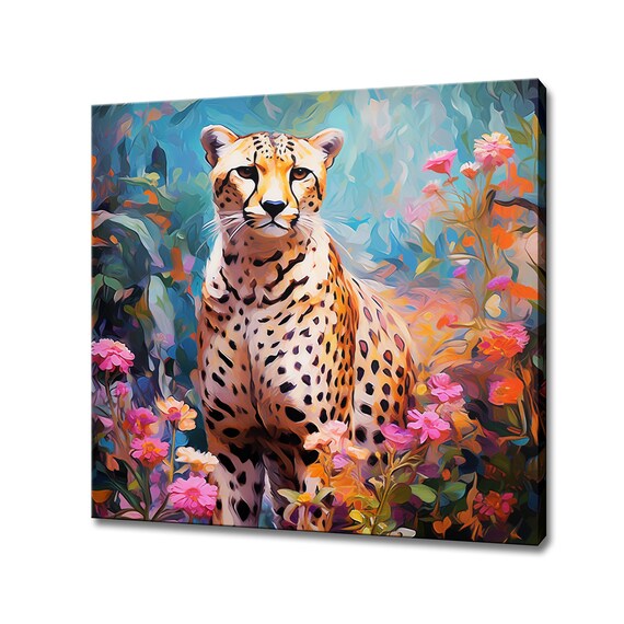 Colourful Cheetah Big Cat Portrait Among Wildflowers Painting Wall Poster