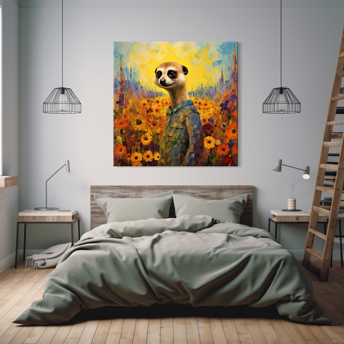 Meerkat Wearing Blue Shirt in Sunflower Field Whimsical Art Poster - Image 4