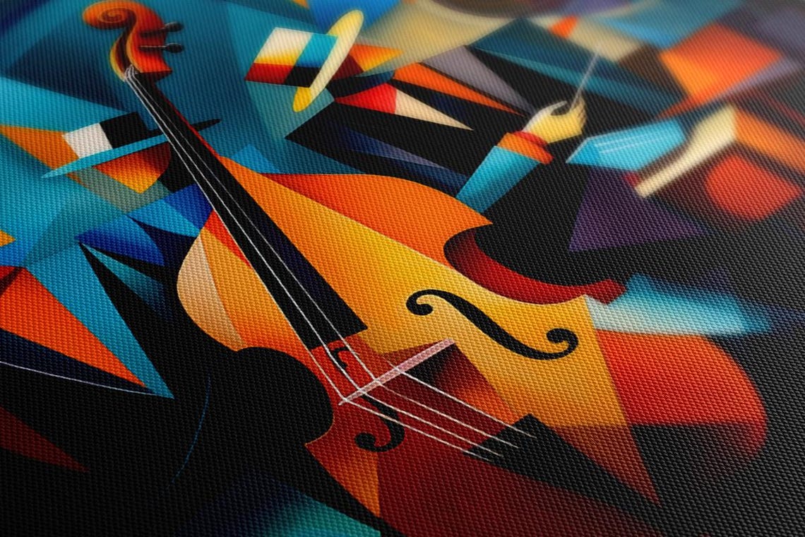 Cubist Jazz Double Bass Player Drums Blue Orange Abstract Music Poster - Image 3