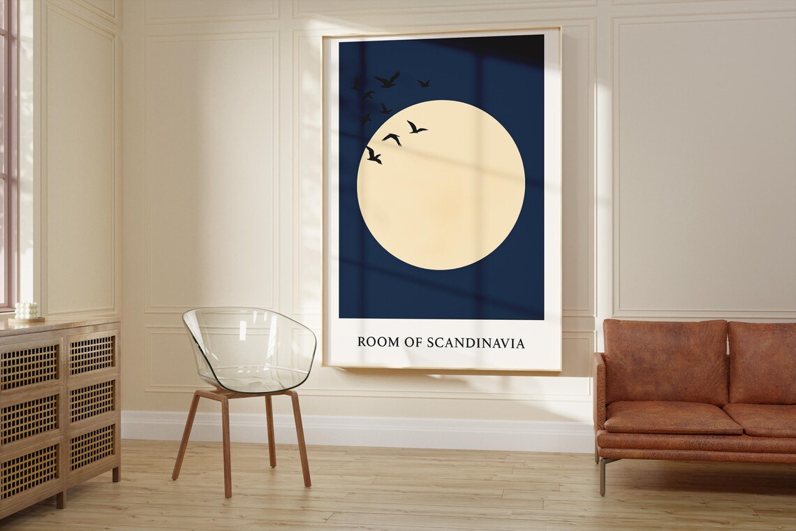 Japanese Art Print, Minimalist Japandi Sun With Birds - Image 2