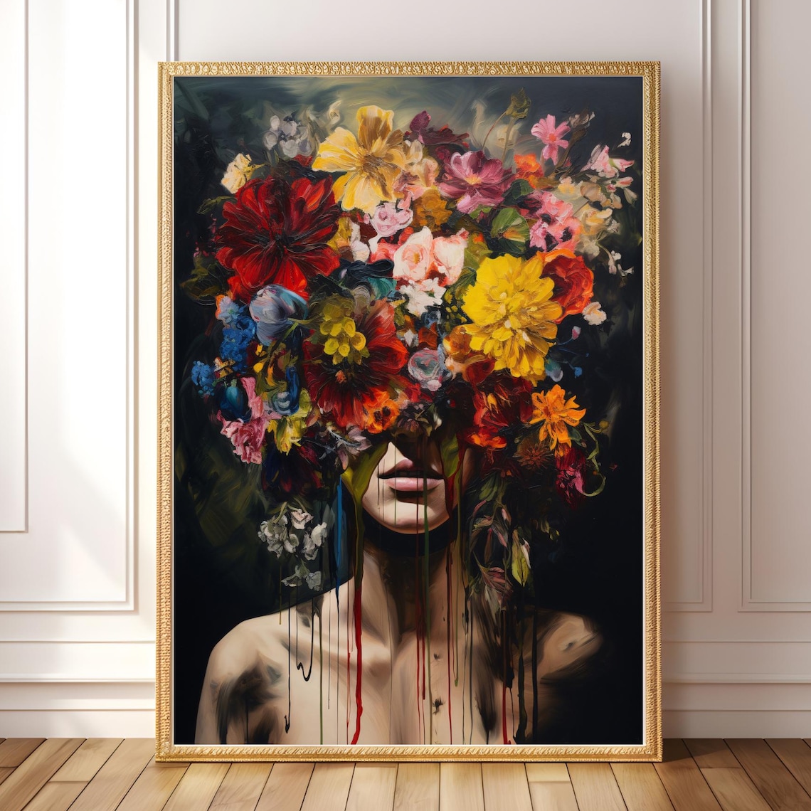 Surreal Floral Portrait Art Print, Dark Maximalist
