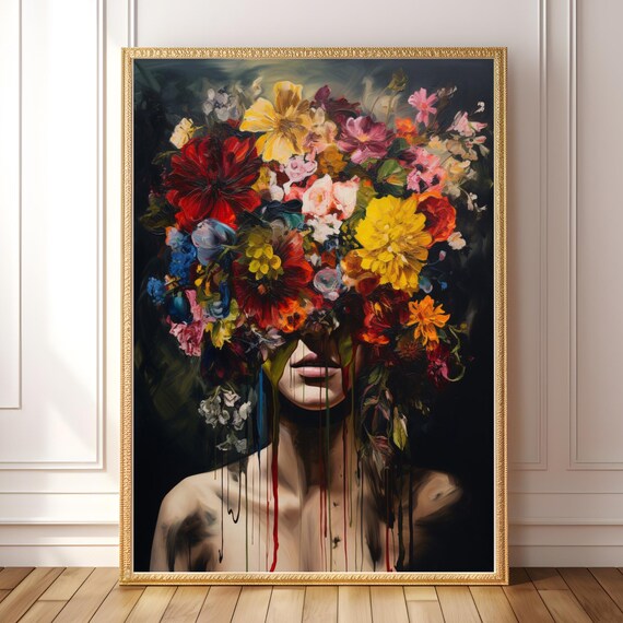 Surreal Floral Portrait Art Print, Dark Maximalist